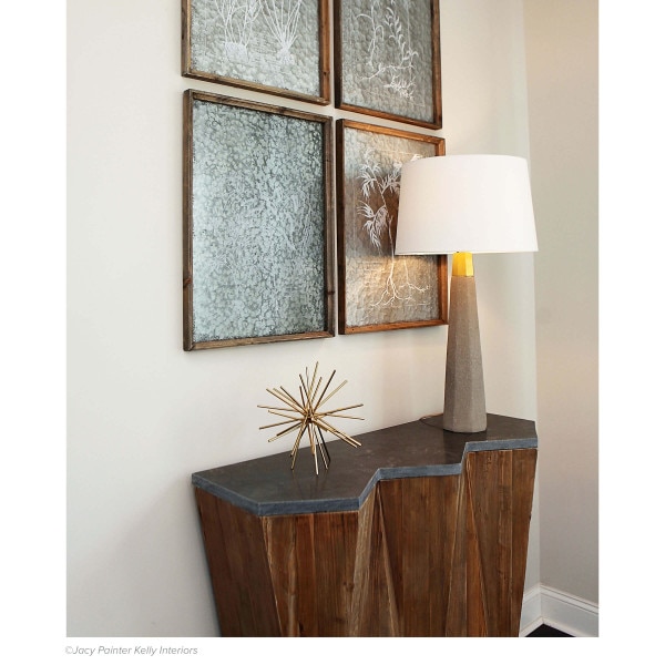 Hallway wood console table with a concrete table lamp